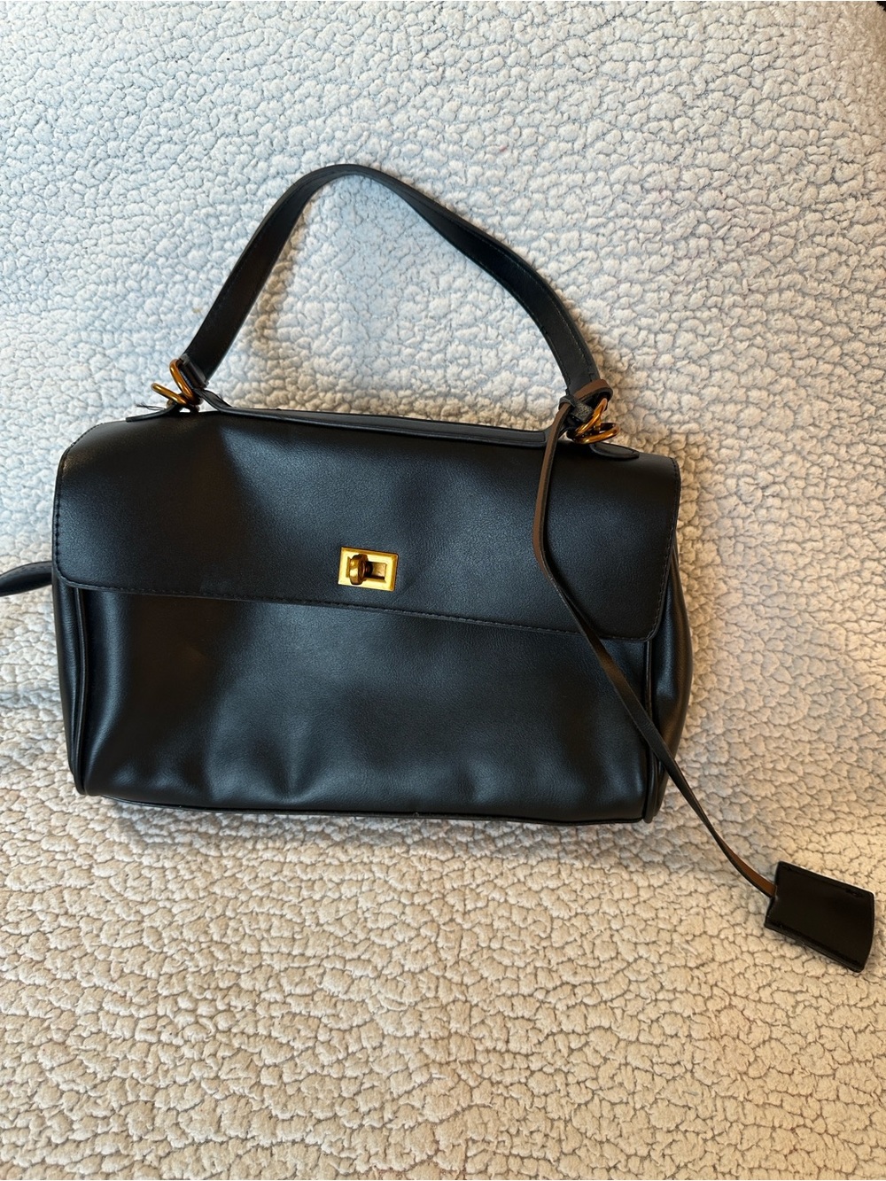 Classic Black Leather Top-Handle Bag with Gold Hardware